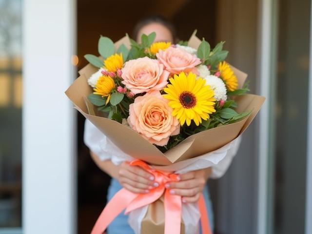 A fresh bouquet of flowers being delivered, representing a flower subscription service.